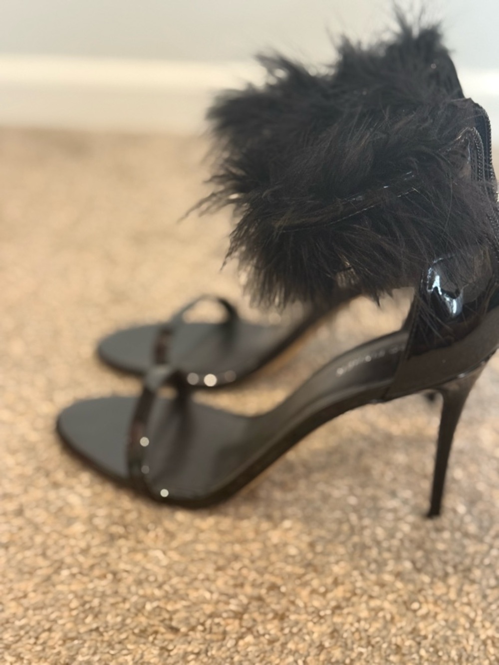 Marc Fisher Black Feather-Trim Stiletto Sandals